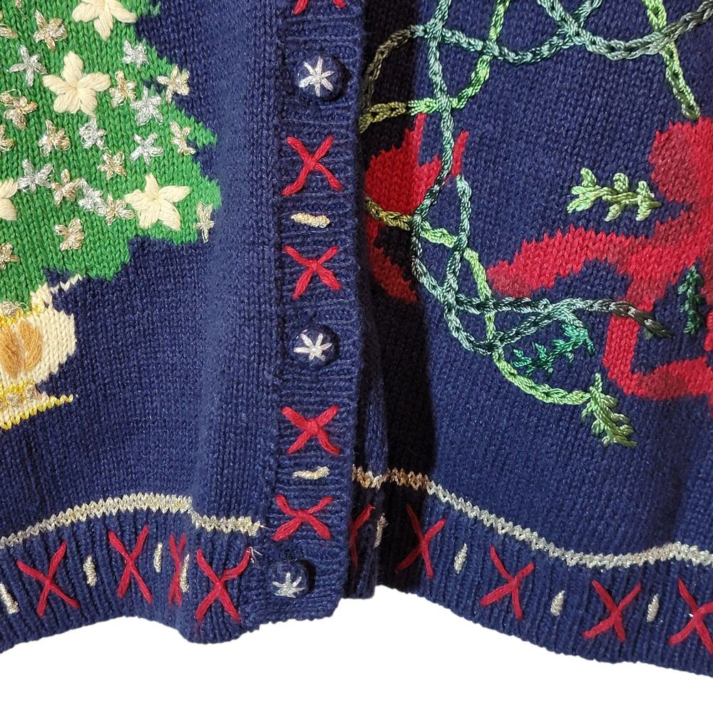 Vintage Carly St Claire Embroidered Christmas Cardigan Sweater Blue Red M Retro - Picture 7 of 11